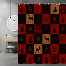 Christmas Deer Shower Curtain, Rustic Black and Red Design