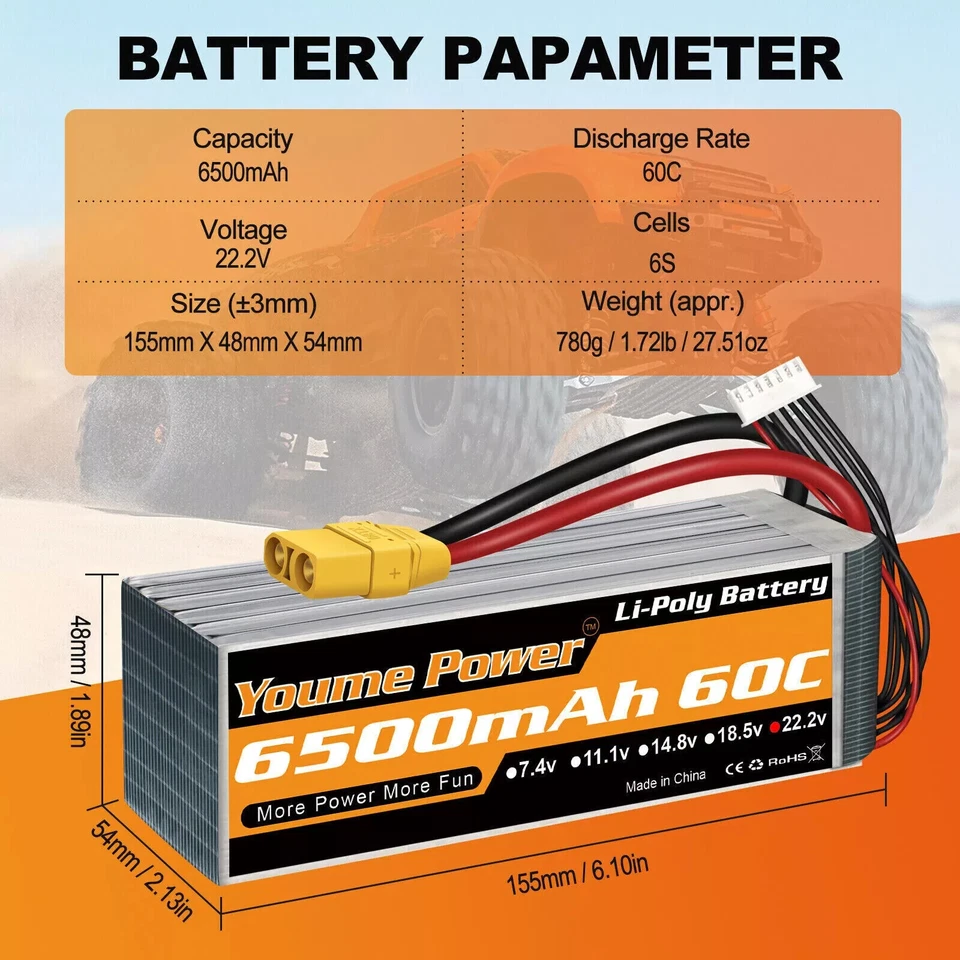 2Stück 22,2V 6500mAh 6S Lipo Akku XT90 für RC Hubschrauber Drohne Car Auto Lkw - Bild 2 von 4