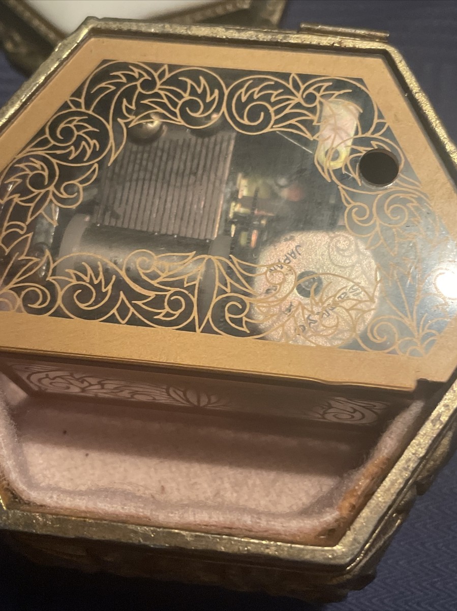 VTG Westland Co. Metal Music Box Floral Porcelain Top Sankyo