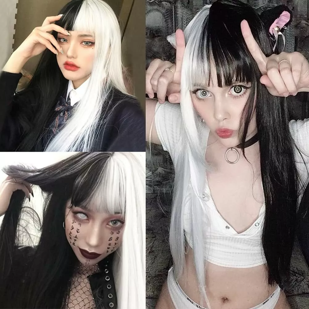  Half and Half Long Straight Black Wig with Bang & Bun for Women  Girls Cosplay, Anime Pre-styled Briar Wigs Synthetic Hair + Wig Cap for  Halloween Costume Party : Clothing, Shoes