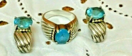 Vtg Clyde Duneier Sterling Silver Swiss Blue Topaz Ring & Matching Earrings