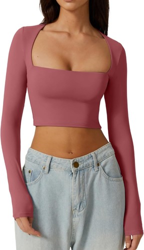 Women's Sexy Square Neck Crop Top Long Sleeve Slim Fit Cropped T Shirts - Picture 32 of 67