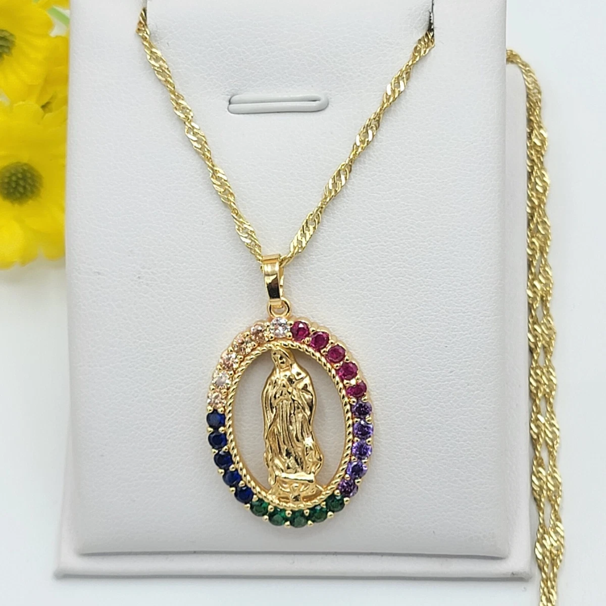 Our Lady of Guadalupe Necklace Oval Pendant 14K Gold Plated Virgen
