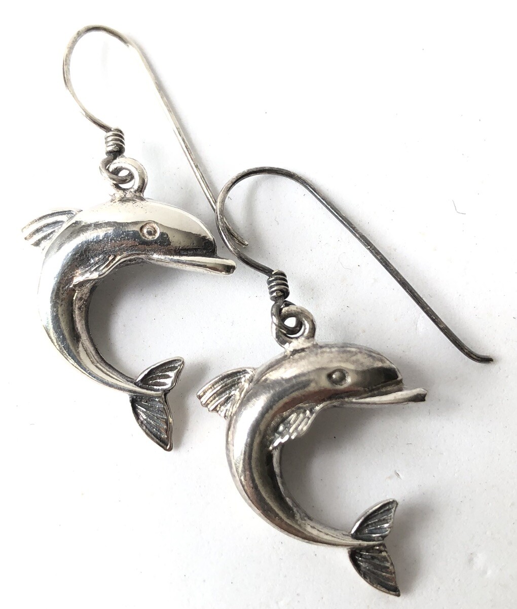 STERLING SILVER DANGLE DOLPHIN HOOK BACK EARRINGS… - image 3