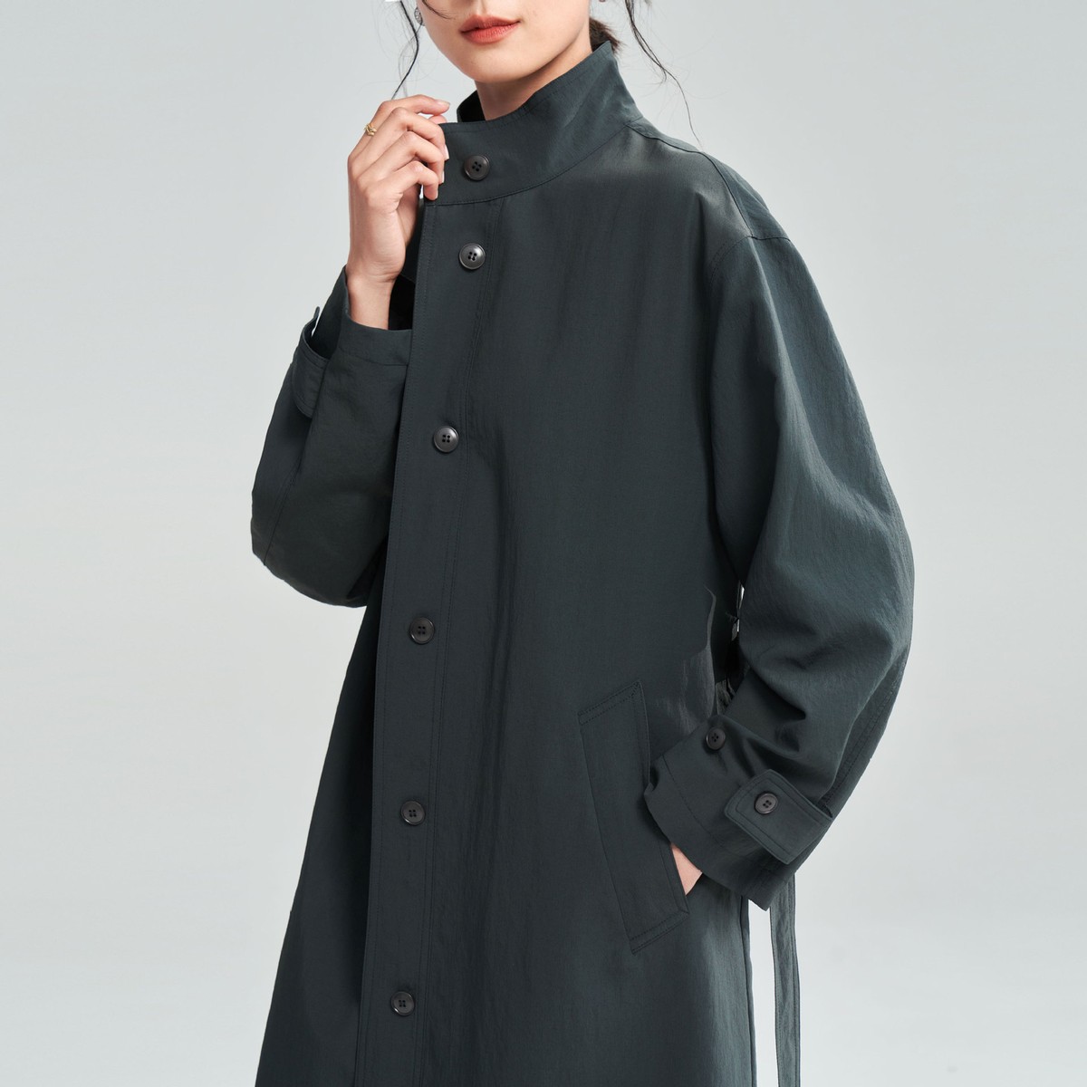 Spring British New Single Breasted Stand Collar Gray Long