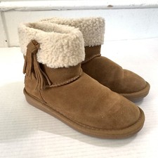 Minnetonka Womens 6 Boots Booties Pull On Ankle Sherpa Fur Chestnut Brown Tassel