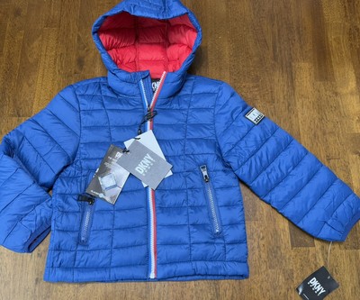 NWT DKNY Boys' Lightweight Hooded Puffer Jacket Red White Blue Size 4 $110