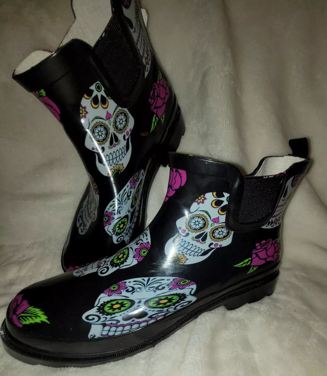 NEW Norty Women s Low Ankle Rain Boots Rubber Snow Garden Shoe Sugar Skull S4