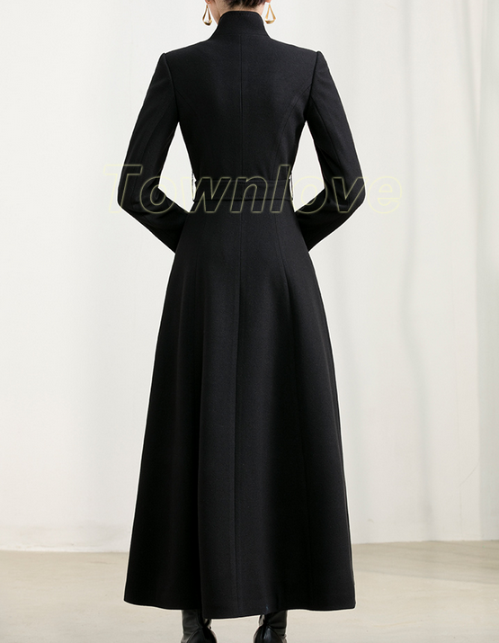 Women Stand Collar Single Breasted Wool Blend Winter Long Trench
