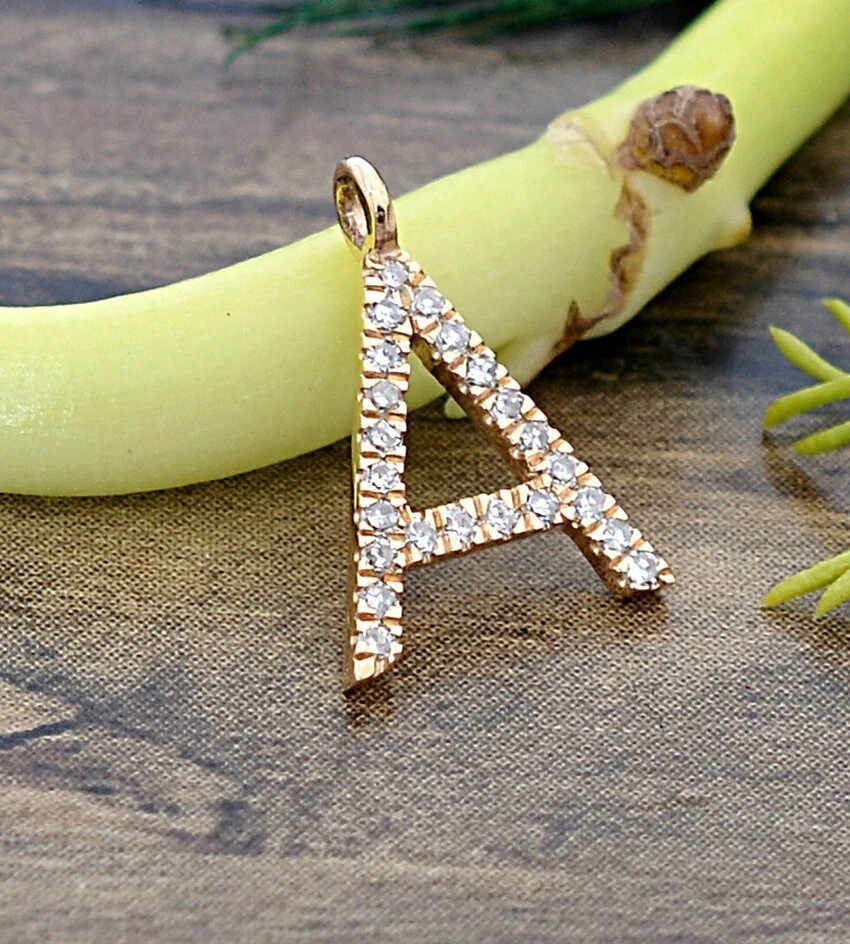 Natural Pave Diamond Initial Pendant 14k Gold Alphabet Pendant Birthday Gift. - Image 3 of 4