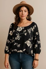 Croft & Barrow Womens Blouse Size XXL Black White Floral Print 3/4 Ballon Sleeve