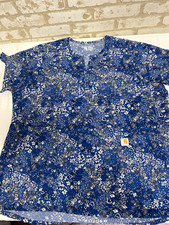 Carhartt Women's Modern Fit 2XL Floral Scrub Top Blue V-Neck Pockets Medical