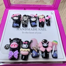 Handmade Hard Gel Press on Nail Art Kit Sz S Labubu Sanrio Characters Black