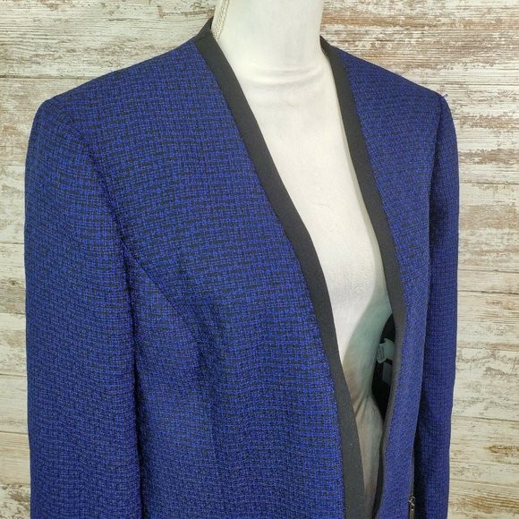 NWT Le Suit Women 14 Sapphire Blue Black Tweed Jacket Blazer Black Dress $240