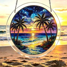 Vintage Stained Tropical Palm Starry Moon Beach Acrylic Puzzle Suncatcher Gift