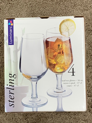 Luminarc Sterling Iced Tea Glasses, a set of four 16 oz. clear glass goblets.