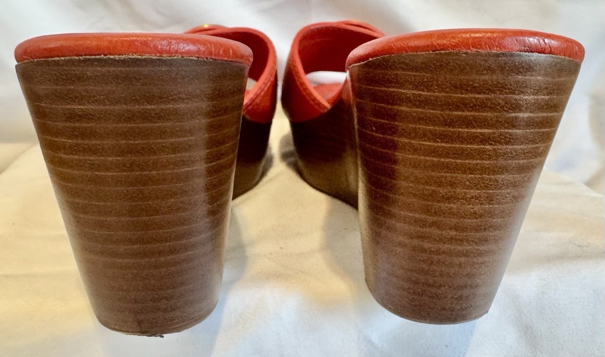 Tory Burch Orange Leather Slide Sandals Heels Women's Size 8M Gold