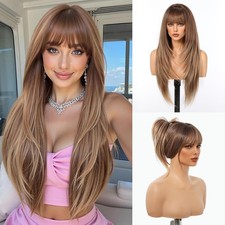 testar Long Brown Straight Wigs With Bangs Long Ombre Brown Blonde Synthetic ...