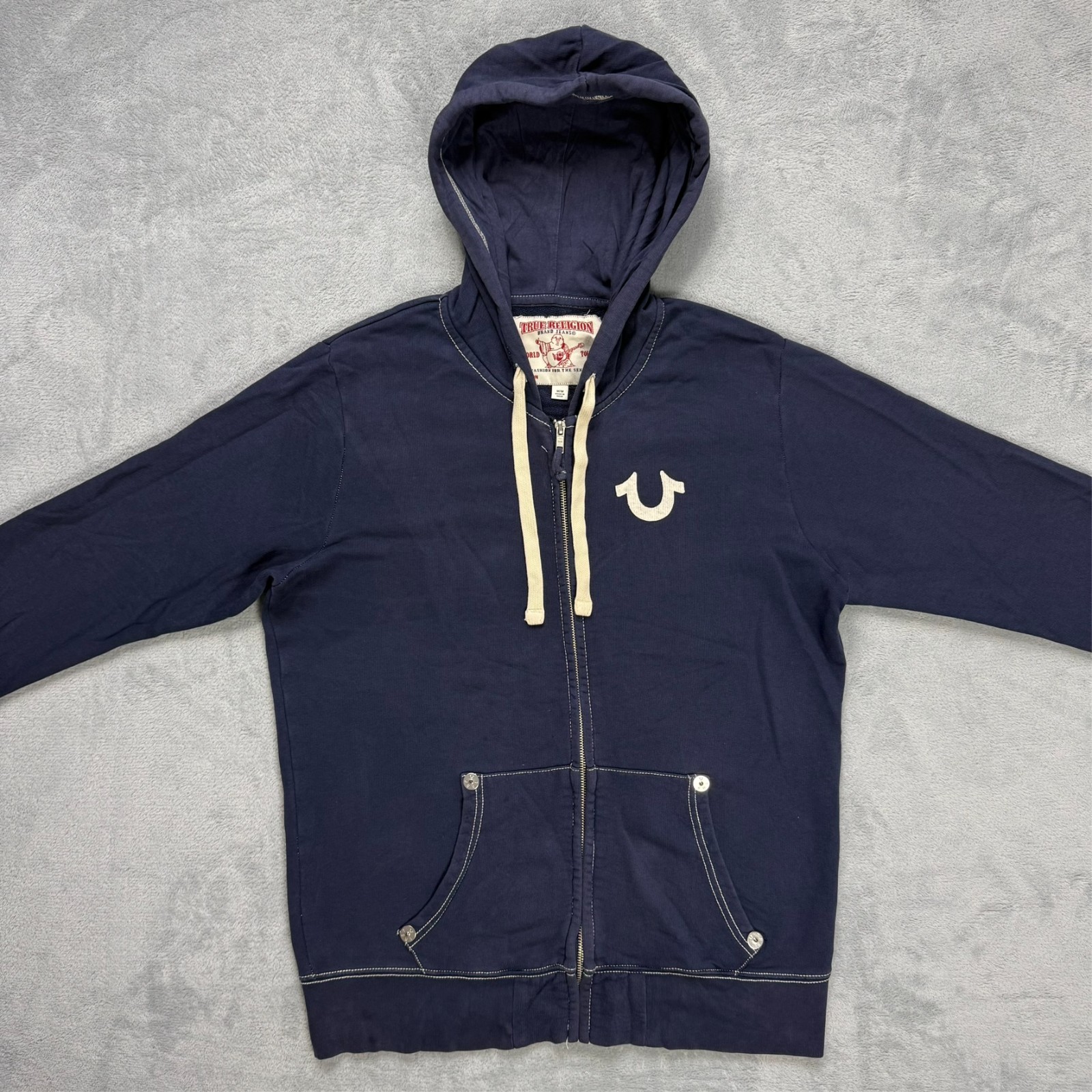 VTG True Religion 2000's Navy Contrast Stitch Oversized Medium Full Zip Hoodie image 2