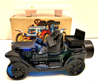 Vintage Avon Stanley Steamer Glass Aftershave Blue Car Bottle w/ Original Box