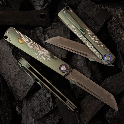 Folding Knife with TC4 Titanium Handle - CPM-S35VN Steel Blade & Leather Sheath - Picture 11 of 15