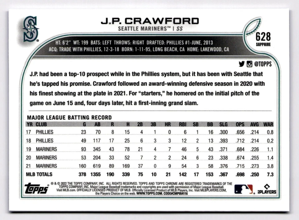 2022 Topps Chrome Sapphire J.R. Crawford #628 Seattle Mariners  - Image 2 of 3