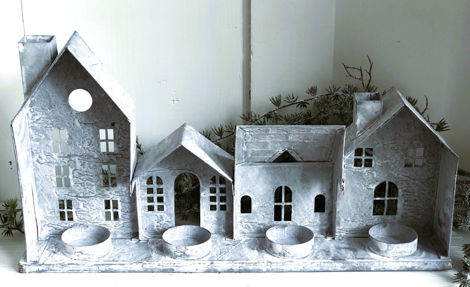 Windlicht Häuserzeile Attersee Aus Keramik - 2er Set Blau/Grau Mit Beigem Dach, 18cm Höhe