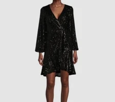 Eliza J Women Black Sequinned Lined Faux-Wrap Fit & Flare Dress Size 12