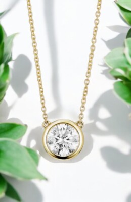 14K massiver Gelbgold Lab Grown runder Diamant Einfassung Anhänger 1,00ctw mit Kette