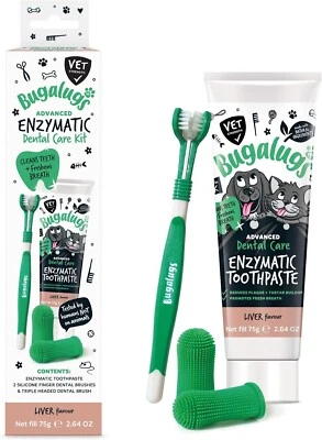 BUGALUGS PET CARE Bugalugs Dog & Cat Toothbrush and Enzymatic Liver Toothpaste Kit Plaque Remover
