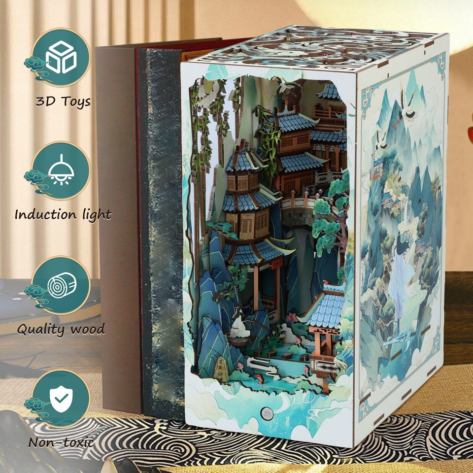 3D DIY Book Nook Kit Wooden Puzzle Bookshelf Insert Decor Miniature