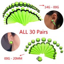 24-60PCS Ear Gauge Stretching KIt Green Acrylic O-Ring Taper Plug Set 14G-20MM