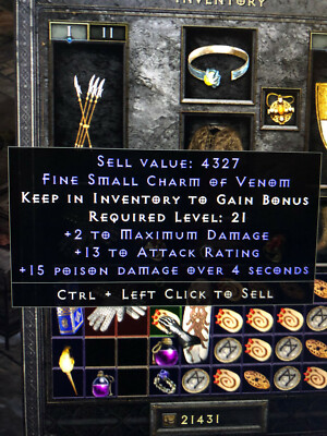 DIABLO 2: D2R  +2 maximum damage, 13 AR, 15 POISON DMG SMALLCHARM SC  PC SC