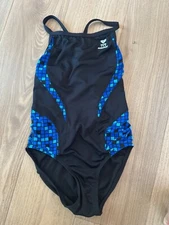 TYR Durafast Womens One-Piece Swimsuit Size 28 Black & Blue Diamond Pattern