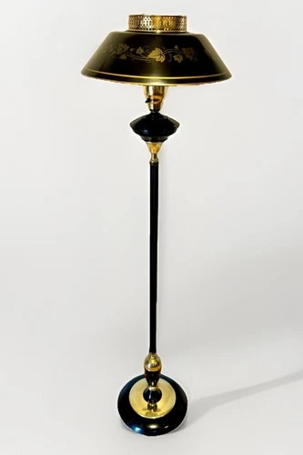 VINTAGE BLACK & GOLD TOLEWARE FLOOR LAMP LEAF PATTERN MILK GLASS GLOBE 3 WAY