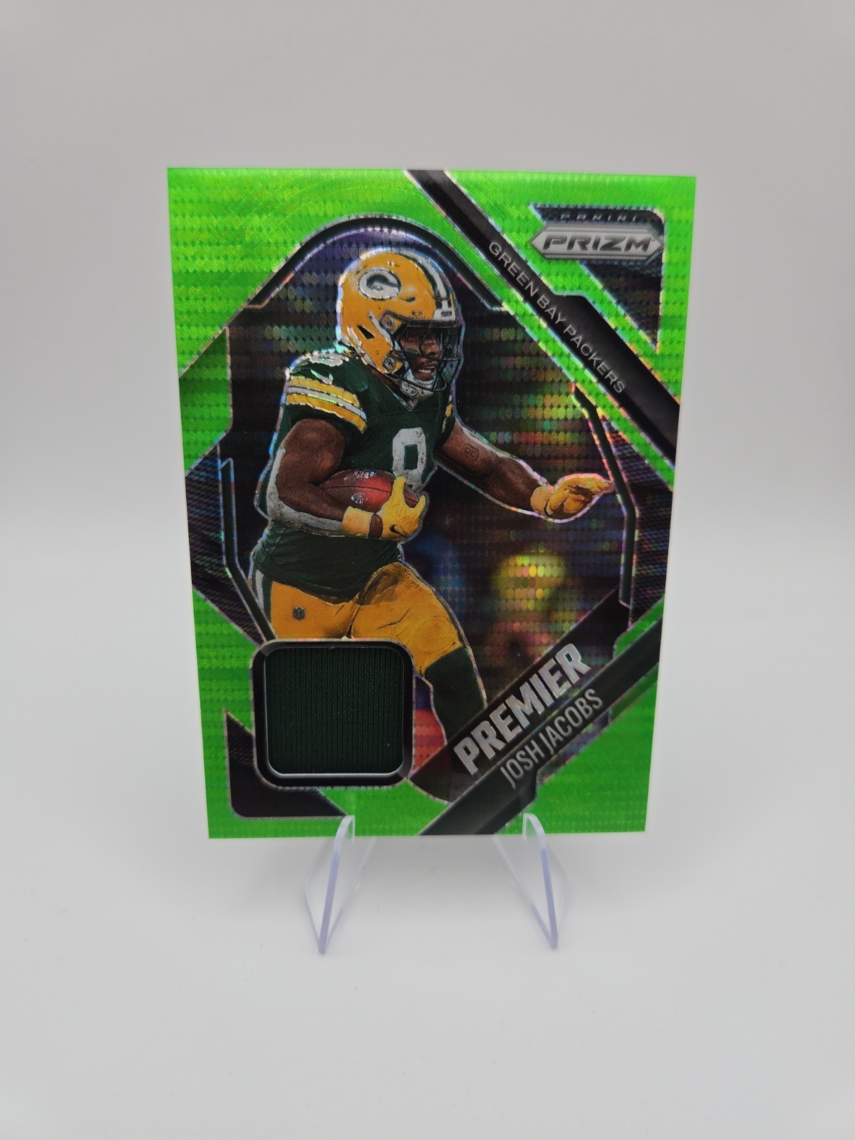 Josh Jacobs 2025 Prizm Premier Jersey #PYJ-JJA Neon Green Pulsar Rookie RC MEM