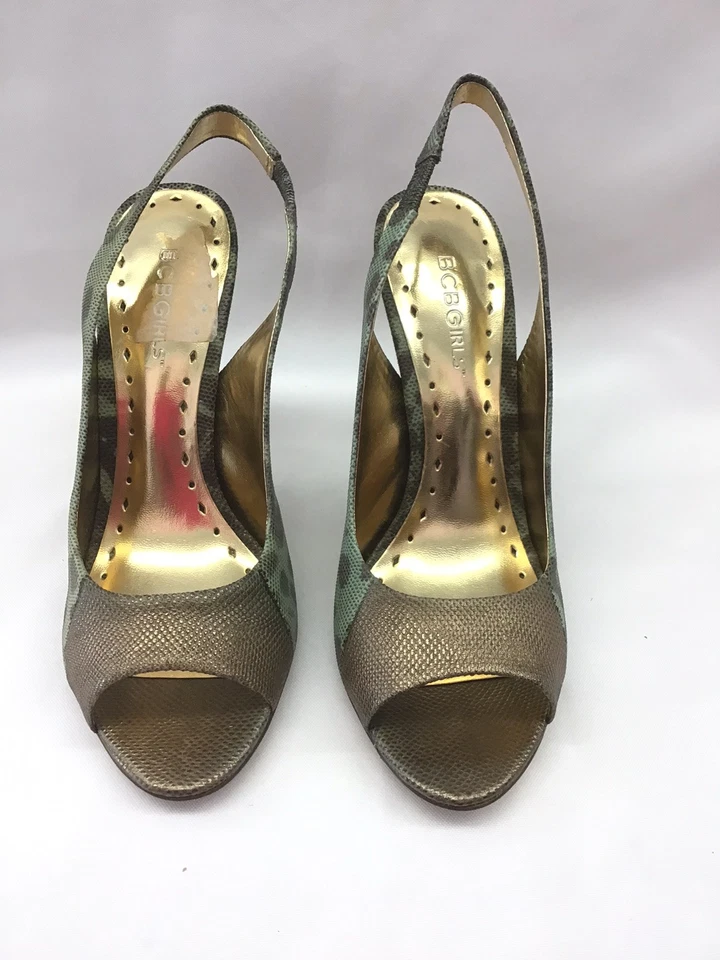 Tacones BCBG Niñas Dorado Verde y Marrón Estampado Serpiente Talla 8 Foto 2 de 4