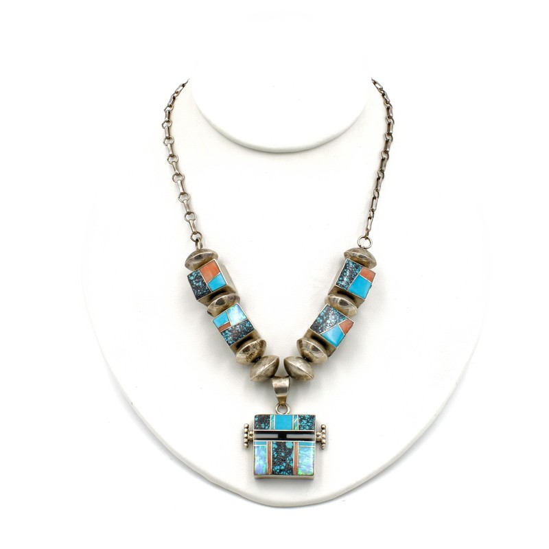 Navajo Annabelle Peterson Sterling Turquoise Opal Channel Inlay Necklace#S5206-3