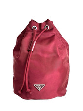 PRADA Pouch Nylon Red Silver Drawstring Pouch Triangle Logo Plate