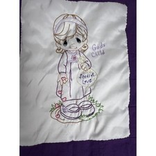 Precious Moments Gods Child Embroidered Quilt Blanket Purple White Checkered
