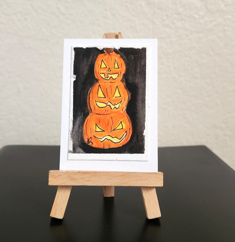 ACEO Original Painting “Jack”-O-Lanterns” by Abby Watercolor & Pen 2.5in x 3.5in
