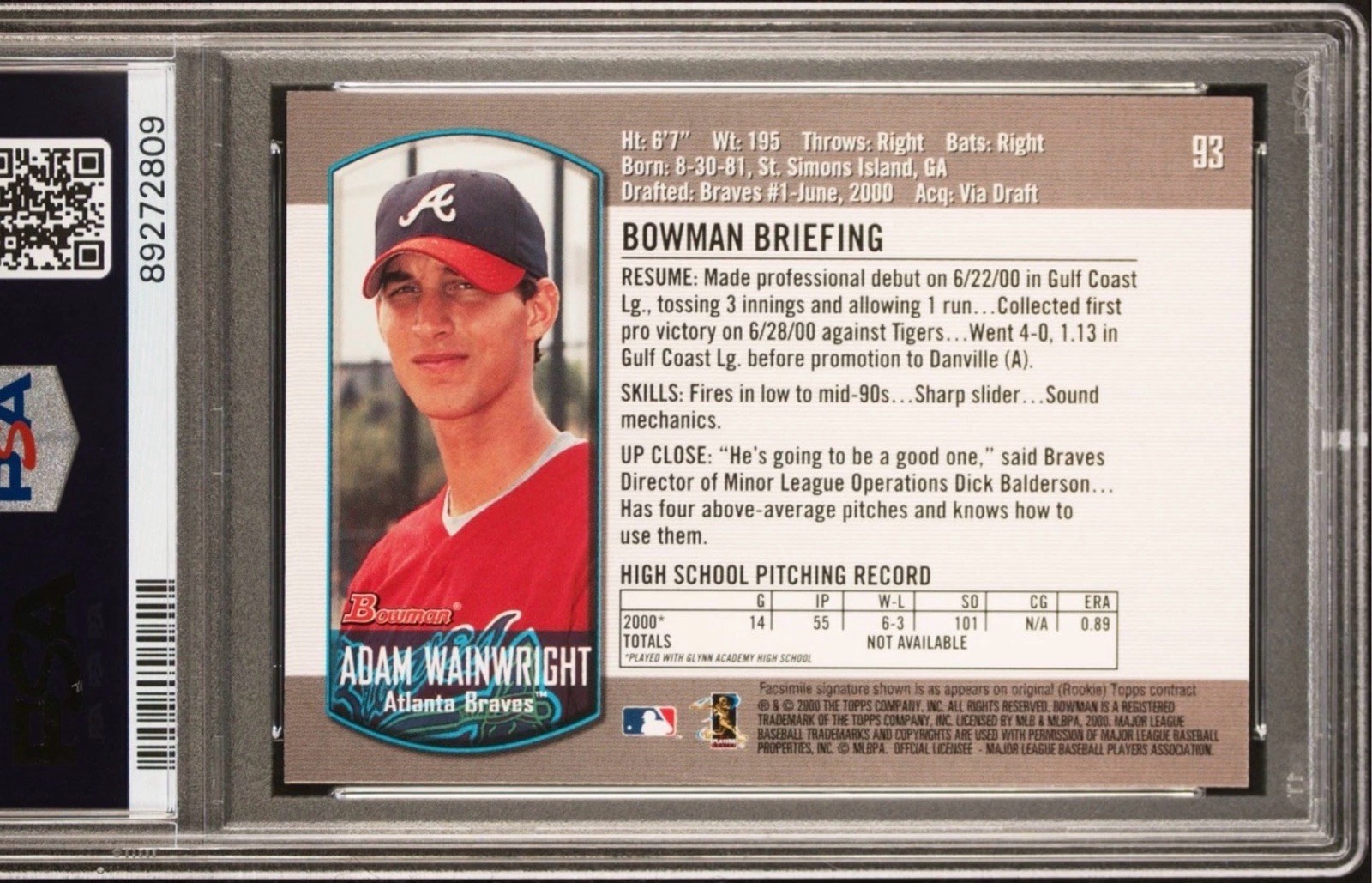 ADAM WAINWRIGHT RC 2000 Bowman Draft #93 PSA 10 Cardinals Future HOF⚾️🏆 view 2