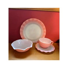 Mid Century Hazel Atlas Crinoline Ruffle Edge 4 pc Pink Ripple Bowl Plate C/S