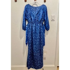 Victor Costa Maxi Dress M Tie Waist Thigh High Slit Geometric Flowy Casual Blue