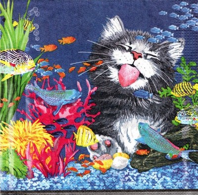 (2) Two Paper Beverage Napkins for Decoupage/Mixed Media - Go Fish cat kitty