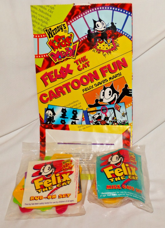 1996 Wendy’s Kids Meal, Felix the Cat set of 2 toys NIP. Plus 1 Felix Meal bag