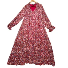 GiGio Red Floral Boho Long Sleeve Dress with Tassels Size Medium
