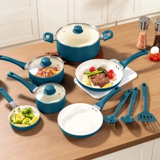 NEW-12 Piece Ceramic Nonstick Aluminum Pots and Pans Cookware Set, Blue