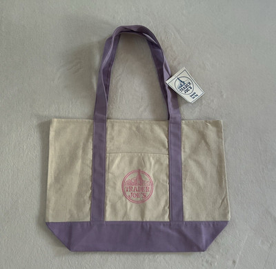 Trader Joe s Trending Large Purple Embroidered Logo Reusable Canvas Tote Bag NWT