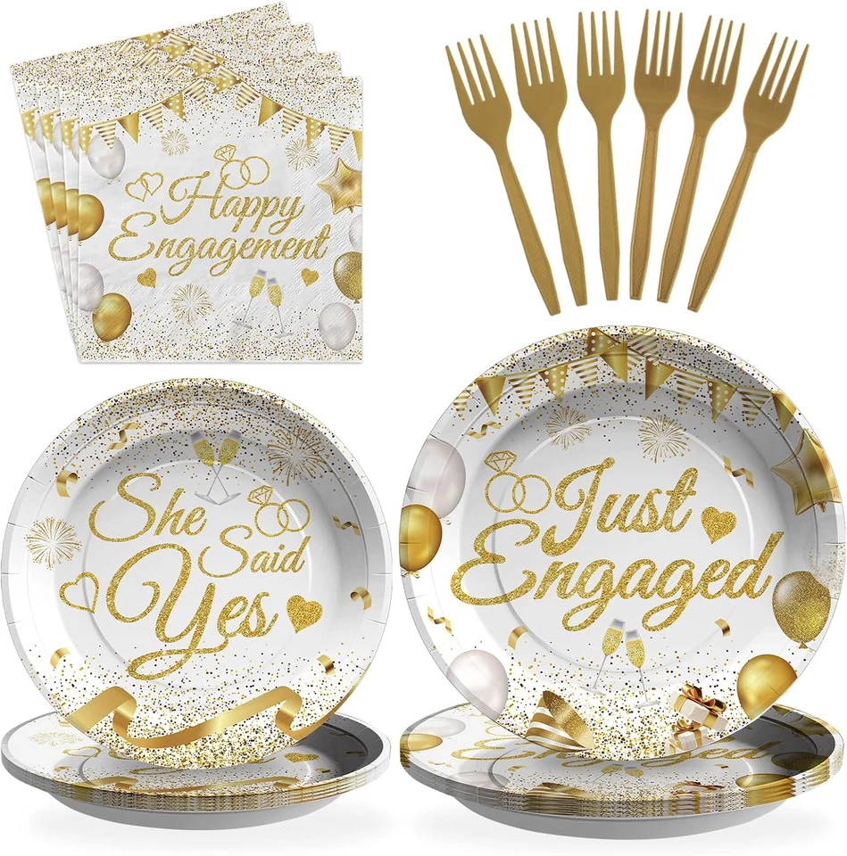96 piezas platos de papel de compromiso blanco y dorado Happy Engagement Party Supplies... Foto 4 de 4